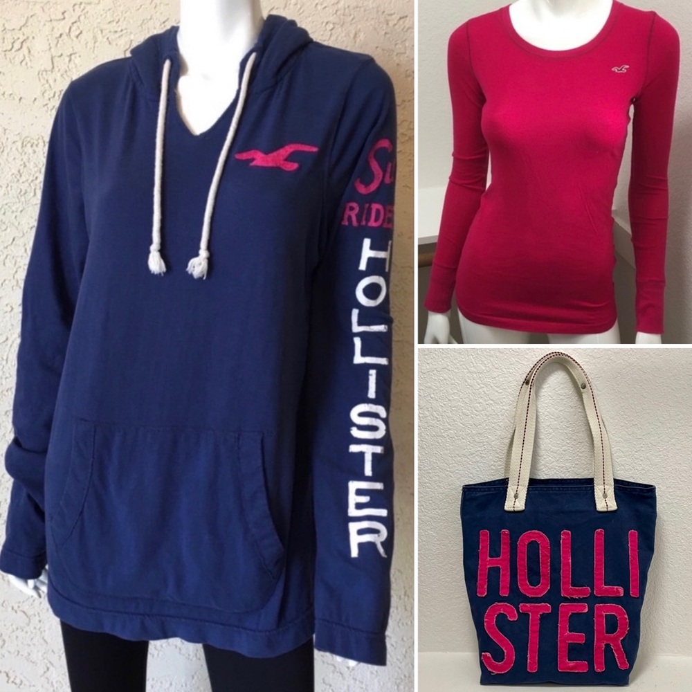 3 HOLLISTER 🌺 Matching Bundle | Hoodie, Long Sleeve Tee | Sz M | & Canvas Tote